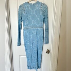 Pretty Little Thing size 4 Light Blue Periwinkle Midi Long Sleeve Lace Dress